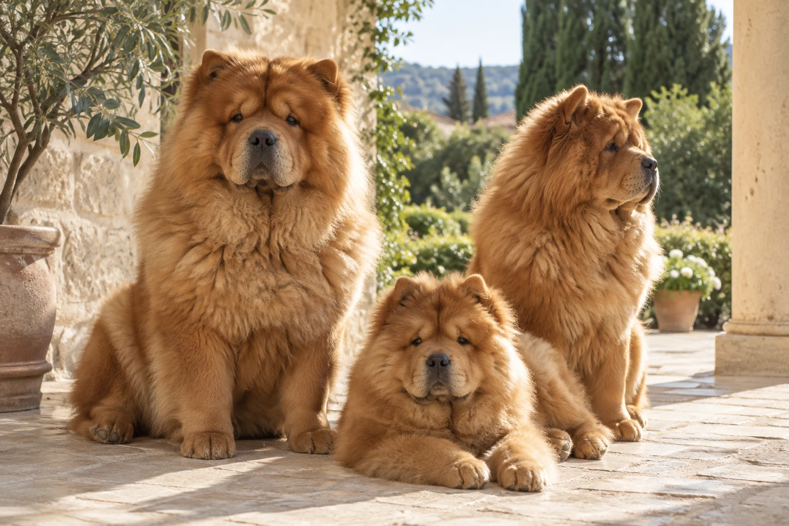 Immagine AI di tre Chow Chow su una terrazza soleggiata