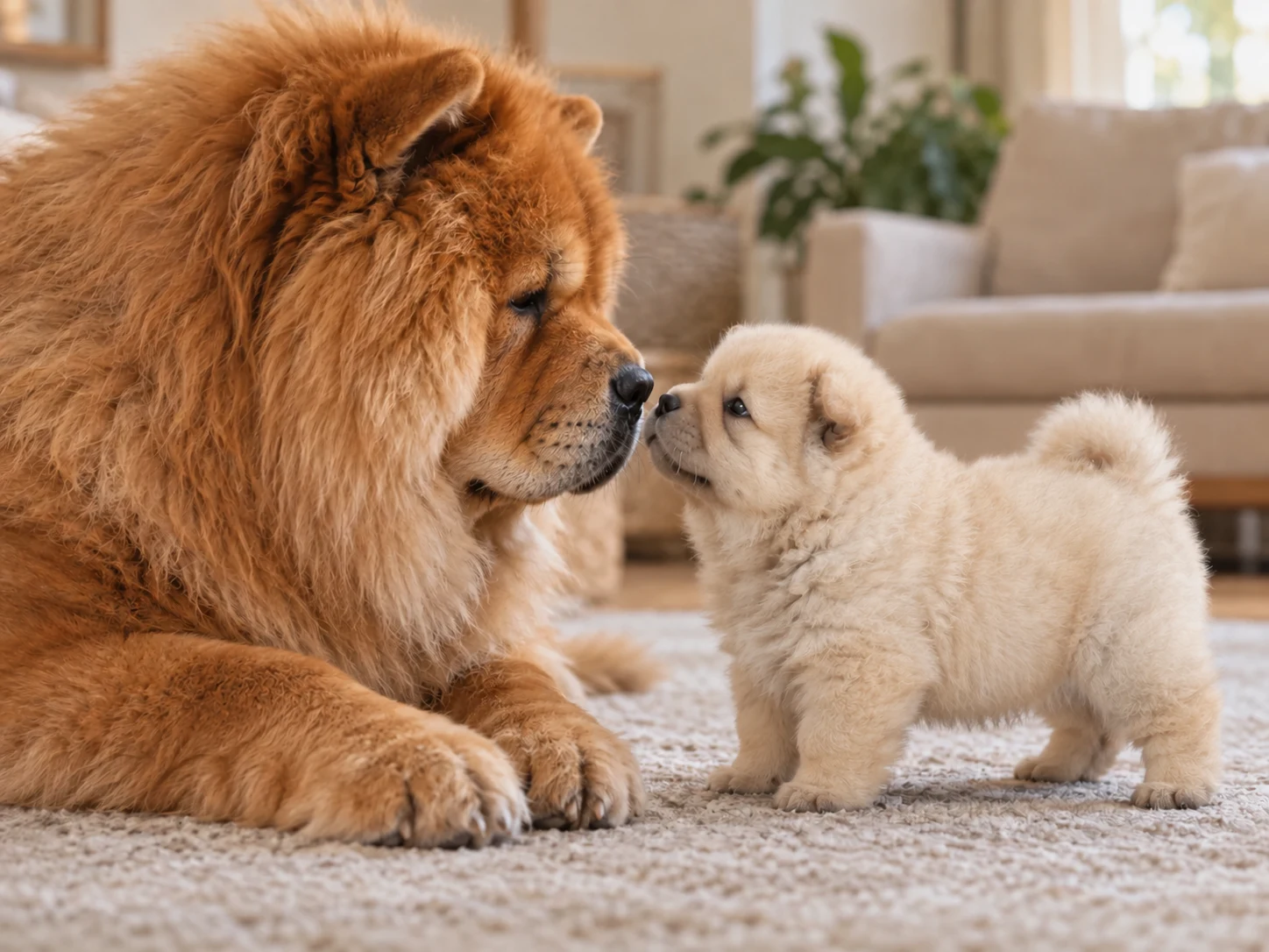 Immagine AI di una mamma Chow Chow fulva e un cucciolo crema muso a muso