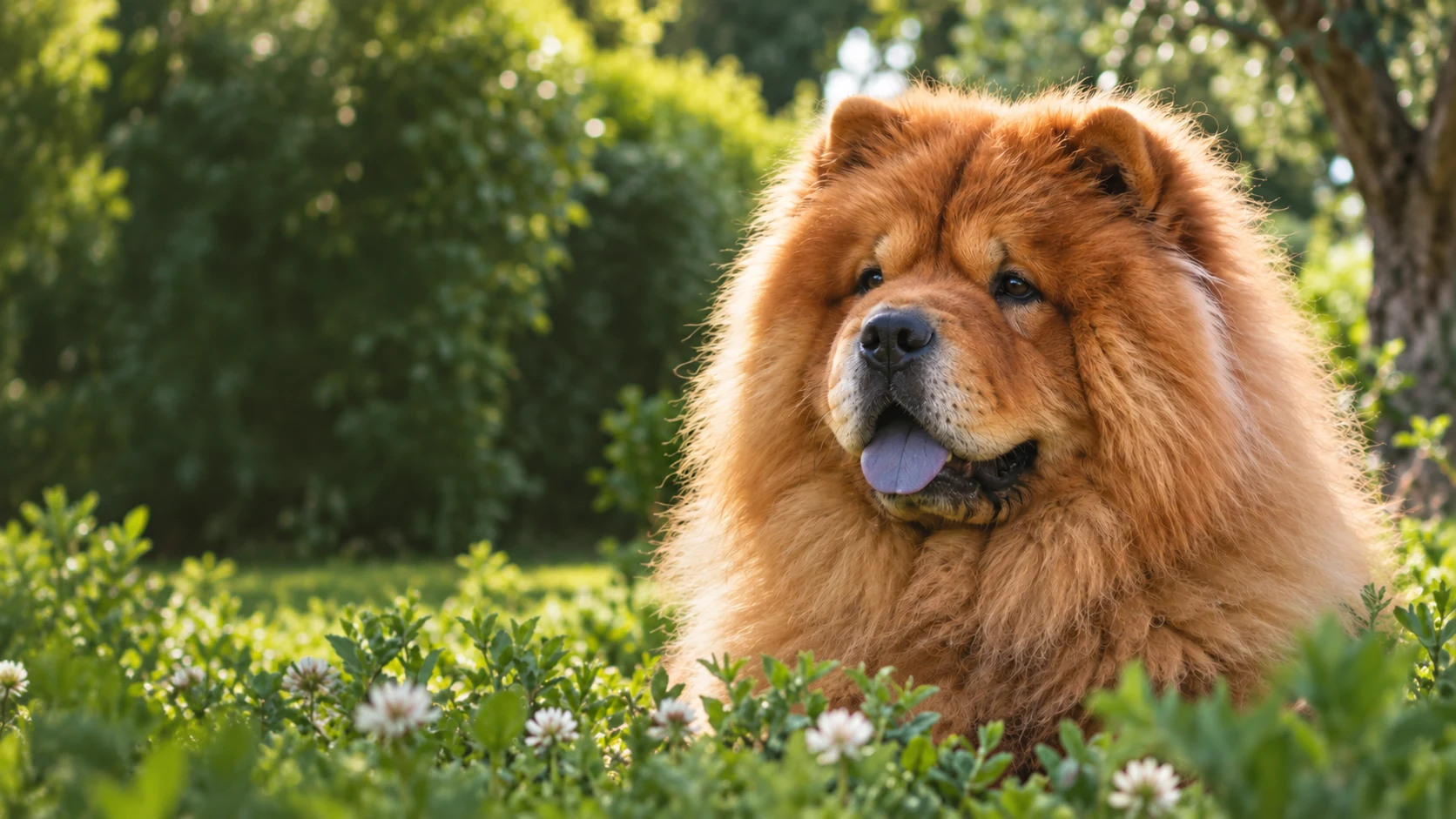 Immagine generata con AI: Chow Chow fulvo in un giardino fiorito